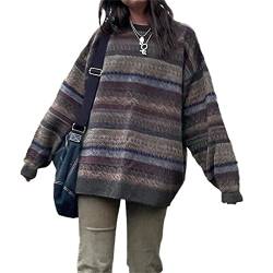 Damen Y2K Argyle Gestreifter Pullover Sweater Casual Langarm Rundhals Vintage Preppy Style Pullover Strickwaren, Grau-A, Klein von Mtsebmves