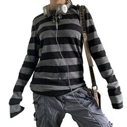 Damen Y2K Gestreifte Pullover Sweater Oversized Vintage Strickpullover Kawaii Preppy Grunge Strickwaren, Grey Black, Mittel von Mtsebmves