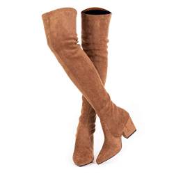 Mtzyoa Oberschenkelhohe Blockabsatz Damen Stiefel Spitze Zehenbereich Stretch Overknee Stiefel, Taupe, 38 EU von Mtzyoa