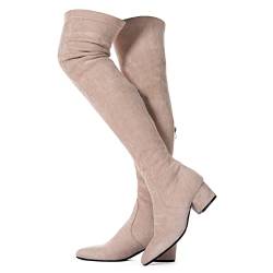 Oberschenkelhohe Blockabsatz Damen Stiefel Spitze Zehenbereich Stretch Overknee Stiefel, Beige, 5,1 cm Absatz, 40.5 EU von Mtzyoa