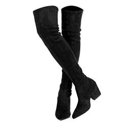 Oberschenkelhohe Blockabsatz Damen Stiefel Spitze Zehenbereich Stretch Overknee Stiefel, Schwarz, 38 EU von Mtzyoa