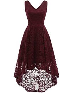 MuaDress 6666 Damen Cocktailkleid Spitzenkleid Brautjungferkleid V-Ausschnitt Festliche Abendkleider Elegant Vokuhila Hochzeit Ohne Arm Kleid Burgundy S von MuaDress