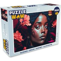 MuchoWow Puzzle Blumen - Frau - Porträt - Illustration, 1000 Puzzleteile, Foto-Puzzle, Bilderrätsel, Puzzlespiele, Klassisch von MuchoWow