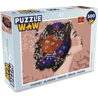 MuchoWow Puzzle Porträt - Blumen - Frau - Braun - Pastell, 500 Puzzleteile, Foto-Puzzle, Bilderrätsel, Puzzlespiele, Spielzeug von MuchoWow
