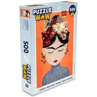 MuchoWow Puzzle Porträt - Frida Kahlo - Orange - Frau - Blumen, 500 Puzzleteile, Foto-Puzzle, Bilderrätsel, Puzzlespiele, Spielzeug von MuchoWow