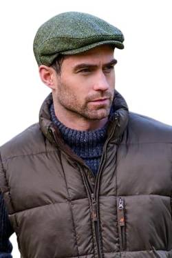 Mucros Weavers Men's Irish Trinity Flat Cap Driving Cap Made in Ireland (Green Herringbone, Large) von Mucros Weavers