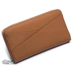 Mudono Damen Geldbörse Echtes Leder RFID Blocking Kreditkartenetui Elegante Clutch Geldbörse Reise Telefon Brieftasche mit ID Fenster, Braun, Minimalistisch von Mudono