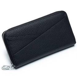 Mudono Damen Geldbörse Echtes Leder RFID Blocking Kreditkartenetui Elegante Clutch Geldbörse Reise Telefon Brieftasche mit ID Fenster, Schwarz, Minimalistisch von Mudono