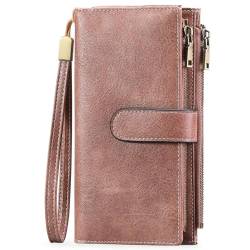Mudono Damen Geldbörse und Kartenhalter RFID Blocking Tri-Fold Wristlet Wallet Vegan Leder Multi Card Case mit Ausweisfenstern, Pink, Retro von Mudono