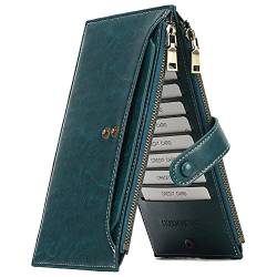 Mudono Schlanke Geldbörse für Frauen RFID Blockierung Multi Kreditkartenhalter Vintage Clutch Geldbörse Anti-Diebstahl Reise Telefon Geldbörse Brieftasche, Dunkelgrün, M, Retro von Mudono