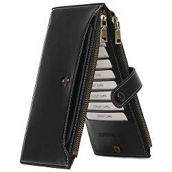 Mudono Schlanke Geldbörse für Frauen RFID Blockierung Multi Kreditkartenhalter Vintage Clutch Geldbörse Anti-Diebstahl Reise Telefon Geldbörse Brieftasche, Schwarz, M, Retro von Mudono