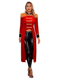 Mufeng Damen Zirkus Kostüm Lang Zirkusdirektorin Mantel mit Quasten Samt Mantel Smoking Jacke Fasching Karneval Halloween Cosplay Aa Rot M von Mufeng