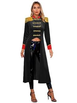 Mufeng Damen Zirkus Kostüm Lang Zirkusdirektorin Mantel mit Quasten Samt Mantel Smoking Jacke Fasching Karneval Halloween Cosplay Aa Schwarz 3XL von Mufeng