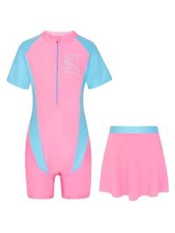 Mufeng Kinder Mädchen Badeanzug Kurzarm Schwimmanzug Mit Strandrock UV Schutz Bademode Neoprenanzug Schwimmbekleidung B Rosa M 152-164 von Mufeng