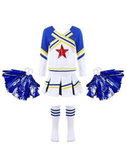 Mufeng Kinder Mädchen Cheer Leadering Kostüm Langarm Crop Top + Minirock + Socken + Pompoms Bühnenauftritt Cosplay Verkleidung A Blau 158-164 von Mufeng