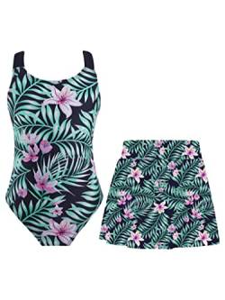 Mufeng Mädchen Bikini Set Tankini Badeanzug mit Blumen Durck + Schwimmrock Schwimmanzug Surfen Strand Schwimmen Badekleidung A Grün 170-176 von Mufeng