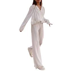 Damen 2 Stück Outfit Set Langarm Knopf unten plissiert Pullover Shirt Top und hohe Taille weites Bein Hosen Loungewear (White, Large) von Mugoebu