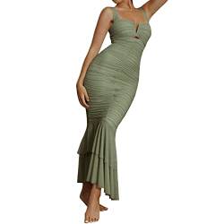 Damen Ärmelloses Gerafftes Bodycon-Kleid V-Ausschnitt Ausschnitt Meerjungfrau Fischschwanz Midikleid Spaghetti-Träger Quadratischer Ausschnitt Hohle Out Langes Kleid Y2K Streetwear (Green, L) von Mugoebu