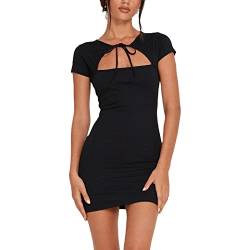 Damen Bodycon Mini Dress Kurzarm Solid Color Hollow Out Kurzes Kleid Sommer Cap Sleeve Wrap Tie-Up Sexy Ruched Dress Y2K (Black, M) von Mugoebu