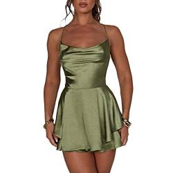 Damen Cowl Neck ärmellose Rompers Spaghetti Strap Halter Cross Tie-Up One Piece Short Jumpsuit Shorts Layer Ruffle Hem Mini Dress Romper (Green, L) von Mugoebu