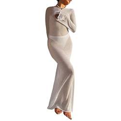 Damen Durchsichtiges Netz Langarm Bodycon Maxikleid Rückenfrei See Through Club Nacht Out Kleider Strand Cover Up (White, S) von Mugoebu