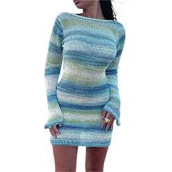 Damen Langärmliges Rückenfreies Strickkleid Buntes Streifenmuster Krawatte-Rücken Slim Fit Kleid Bodycon Strickpullover Minikleid (AZ7, M) von Mugoebu