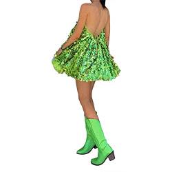 Damen Pailletten Quasten Kleid Sexy Halfter V Ausschnitt Party Minikleid Rückenfrei Glitter Sparkle Party Kleid Ärmellos A-Linie Disco Tanzkleid (Green, L) von Mugoebu