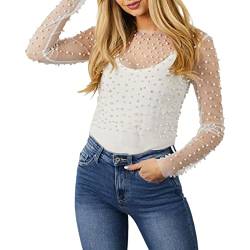 Damen Perle Strass T-Shirt Schiere Mesh sehen durch Langarm Crop Top Bluse Perlen Perlen Strand Cover Up (White, M) von Mugoebu