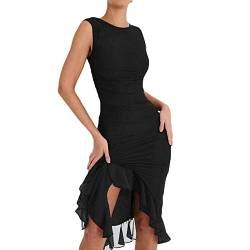 Damen Rüschen Ruffle Minikleid Ärmellos Offener Rücken Bodycon Netz Rüschen Quasten Kleid Y2K Unregelmäßiger Saum Partykleid Streetwear (I-Black, S) von Mugoebu