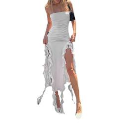 Damen Rüschen Ruffle Minikleid Ärmellos Offener Rücken Bodycon Netz Rüschen Quasten Kleid Y2K Unregelmäßiger Saum Partykleid Streetwear (W-White, S) von Mugoebu