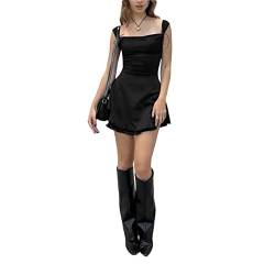 Damen Sexy Niedrig geschnittenes Satin Minikleid Spaghettiträger Quadratischer Ausschnitt A-Linie Mini Tank Kleid Y2K Rückenfreies Party Club Cami Kleid (Black, M) von Mugoebu