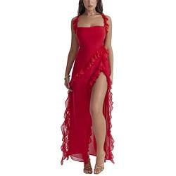 Damen Sexy Ruffle Tassels Split Kleid ärmellos 3D Floral Unregelmäßiger Saum Kleider Sheer Mesh Spaghetti Strap Backless Maxi Dress (Red, M) von Mugoebu