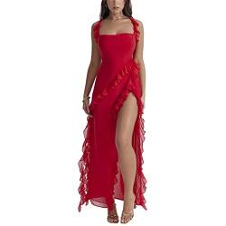 Damen Sexy Ruffle Tassels Split Kleid ärmellos 3D Floral Unregelmäßiger Saum Kleider Sheer Mesh Spaghetti Strap Backless Maxi Dress (Red, S) von Mugoebu