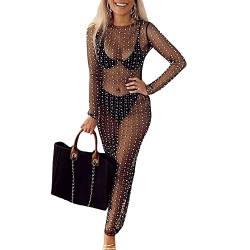 Damen Sexy See Through Mesh Pearl Beach Bikni Badeanzug Langarm Strass Cover Up Hollow Out Midi Dress (Black, M) von Mugoebu