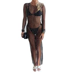 Damen Sexy See Through Mesh Pearl Beach Bikni Badeanzug Langarm Strass Cover Up Hollow Out Midi Dress (P-Black, XL) von Mugoebu