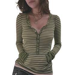 Damen Y2K Vintage gestreifte Hemden Langarm gerippt lässig V Hals Button Down Slim Solid Basic Strick Tunika Top Bluse (Green, M) von Mugoebu