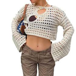 Damen Y2K gehäkelter Pullover mit Achselzucken Stricken Sie langärmlige Crop-Tops Bolero-Vertuschungen Aushöhlen Strickpullover T-Shirt Streetwear (Beige#3, S) von Mugoebu
