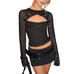 Damen Y2K gehäkelter Pullover mit Achselzucken Stricken Sie langärmlige Crop-Tops Bolero-Vertuschungen Aushöhlen Strickpullover T-Shirt Streetwear (Black, M) von Mugoebu
