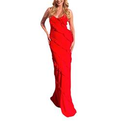 Damen Y2k Spaghetti Strap Ruffle Embellished Sling Langes Kleid Ärmellos Tiefer V-Ausschnitt Geteilter Bodycon Maxikleid (Red, S) von Mugoebu