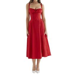 Damen Y2k Spaghettiträger Langes Kleid Bodycon Ärmelloses Bustier Midikleid Niedrig Geschnittener Quadratischer Ausschnitt Geteilte Camis Kleid Y2K Streetwear (Red, M) von Mugoebu