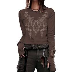 Gothic-Shirt für Damen, Langarm, Vintage-Kreuzdruck, Crop-Top, Rundhalsausschnitt, ästhetisch, schmal, Kurze Bluse, T-Shirt, Grunge-Kleidung (B, Small) von Mugoebu