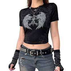 Gothic-Shirt für Damen, Langarm, Vintage-Kreuzdruck, Crop-Top, Rundhalsausschnitt, ästhetisch, schmal, Kurze Bluse, T-Shirt, Grunge-Kleidung (Black#2, M) von Mugoebu