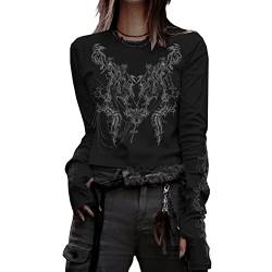 Gothic-Shirt für Damen, Langarm, Vintage-Kreuzdruck, Crop-Top, Rundhalsausschnitt, ästhetisch, schmal, Kurze Bluse, T-Shirt, Grunge-Kleidung (C, Large) von Mugoebu