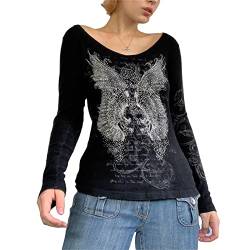 Gothic-Shirt für Damen, Langarm, Vintage-Kreuzdruck, Crop-Top, Rundhalsausschnitt, ästhetisch, schmal, Kurze Bluse, T-Shirt, Grunge-Kleidung (q-Black#2, L) von Mugoebu