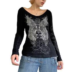 Gothic-Shirt für Damen, Langarm, Vintage-Kreuzdruck, Crop-Top, Rundhalsausschnitt, ästhetisch, schmal, Kurze Bluse, T-Shirt, Grunge-Kleidung (q-Black#2, S) von Mugoebu