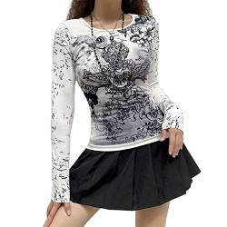 Gothic-Shirt für Damen, Langarm, Vintage-Kreuzdruck, Crop-Top, Rundhalsausschnitt, ästhetisch, schmal, Kurze Bluse, T-Shirt, Grunge-Kleidung (q-Grey#1, M) von Mugoebu
