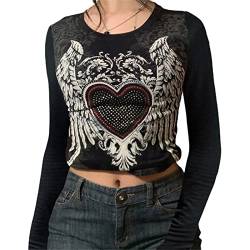 Gothic-Shirt für Damen, Langarm, Vintage-Kreuzdruck, Crop-Top, Rundhalsausschnitt, ästhetisch, schmal, Kurze Bluse, T-Shirt, Grunge-Kleidung (z-Black#3, M) von Mugoebu