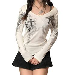 Gothic-Shirt für Damen, Langarm, Vintage-Kreuzdruck, Crop-Top, Rundhalsausschnitt, ästhetisch, schmal, Kurze Bluse, T-Shirt, Grunge-Kleidung (z-White#1, S) von Mugoebu