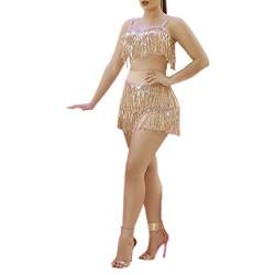 Mugoebu Bauchtanz-Hüftrock mit BH-Oberteil, Pailletten, Quaste, Hüfttuch, Rave-Party-Kostüm für Damen 2-teiliger Latin-Samba-Tango-Tanzanzug mit Quasten (Gold, Medium) von Mugoebu