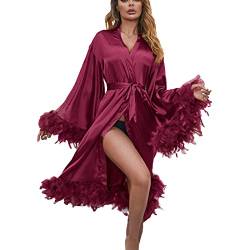 Mugoebu Damen Feder Pelz Brautmantel Satin Dessous Nachthemd Bademantel Nachtwäsche Hochzeit Seide Satin Brautmantel mit Gürtel (Wine Red, One Size) von Mugoebu